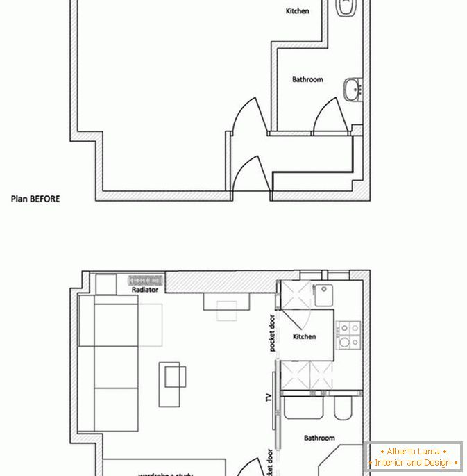 План на малък апартамент преди и след ремонта