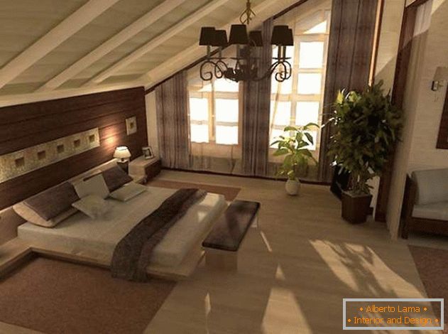 Модерен дизайн на спалнята на тавана в провинцията