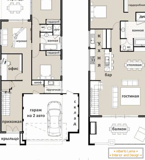 Варианти на втори етаж в частна къща - проект с дневна кухня и една спалня