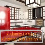 Червени мебели в белия интериор на кухнята