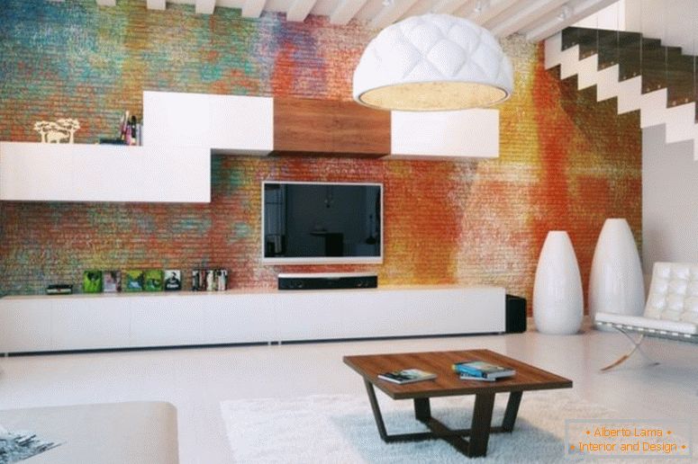 интериор-отличен-цветни-изложени тухлена стена-идеи-за-таванско помещение хол-с-вълнуващо дърво-1200x799