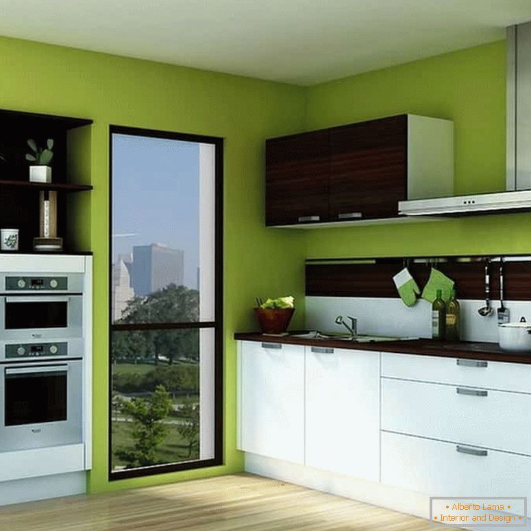 Светло зелен цвят на стените и бяла кухня